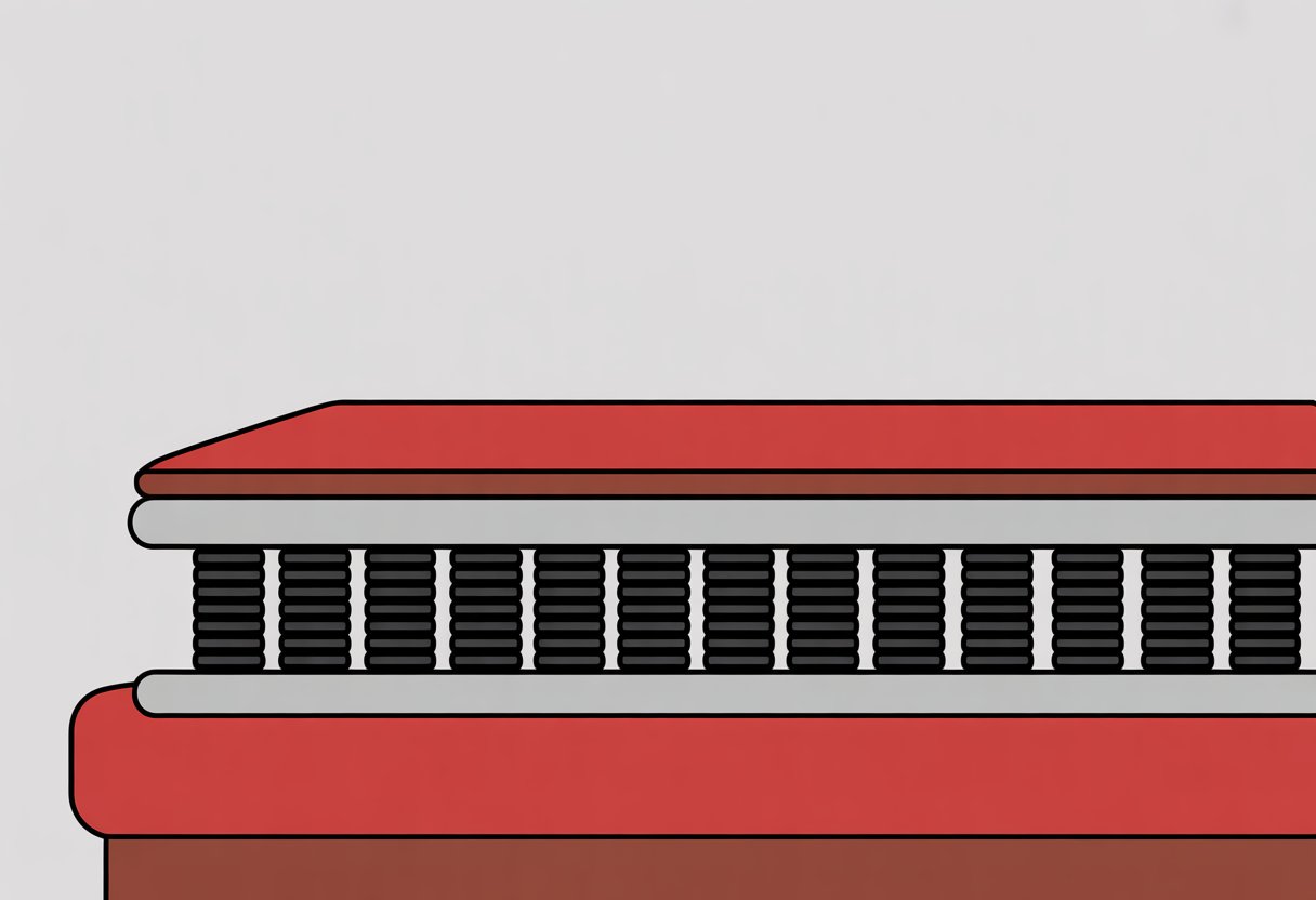 Cross-sectional view of an innerspring mattress showing evenly spaced coil springs inside with red layers on top and bottom.