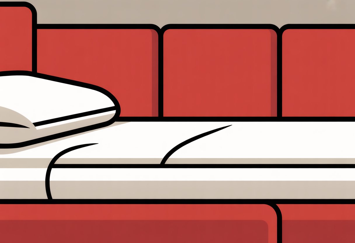 A simple illustration of a latex mattress lying flat against a red background. A simple illustration of a latex mattress lying flat against a red background.