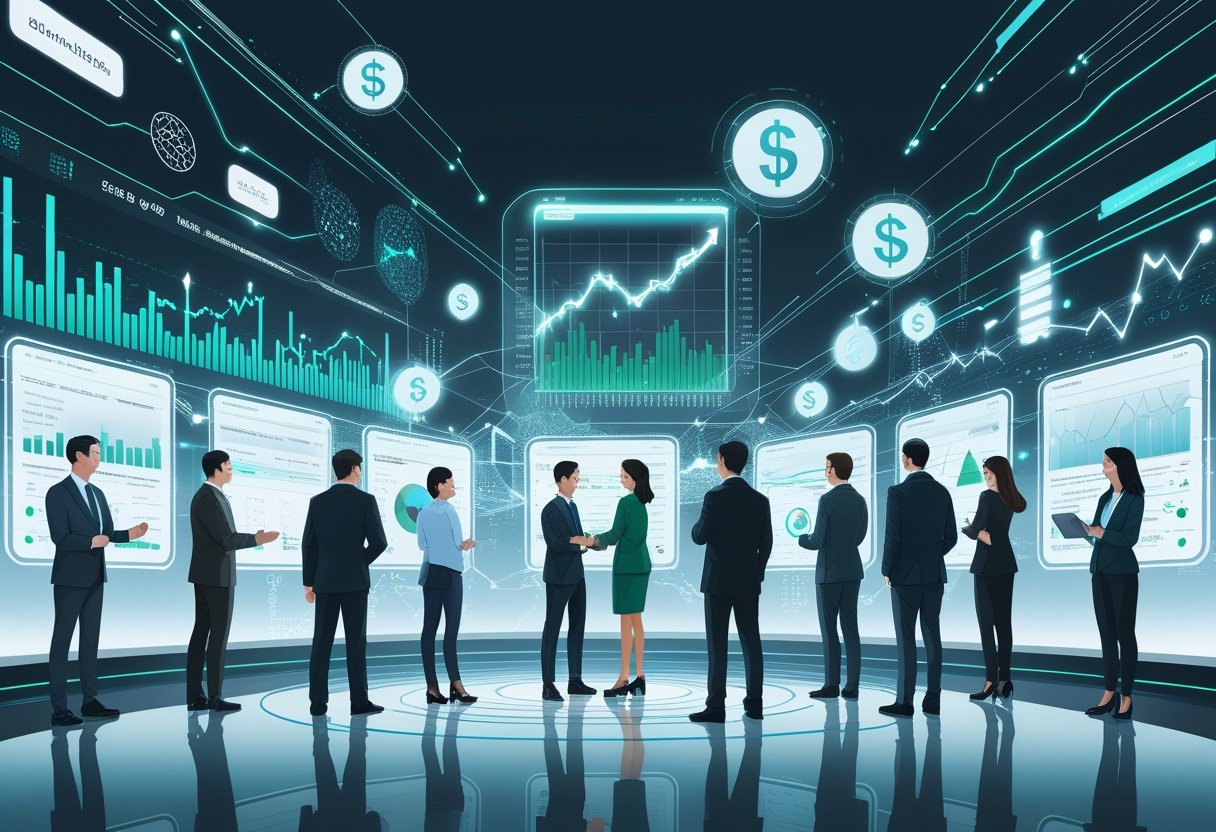 A group of investors interacting with futuristic digital charts and AI elements representing smart investing powered by artificial intelligence.