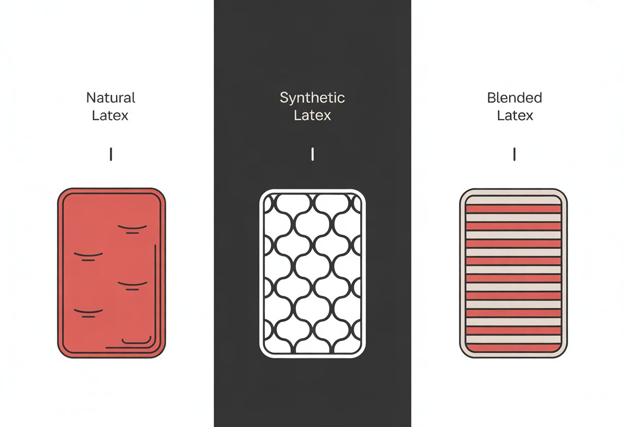 A comic panel divided into three sections showing three different mattress types with simple red, black, and white mattress icons. A comic panel divided into three sections showing three different mattress types with simple red, black, and white mattress icons.
