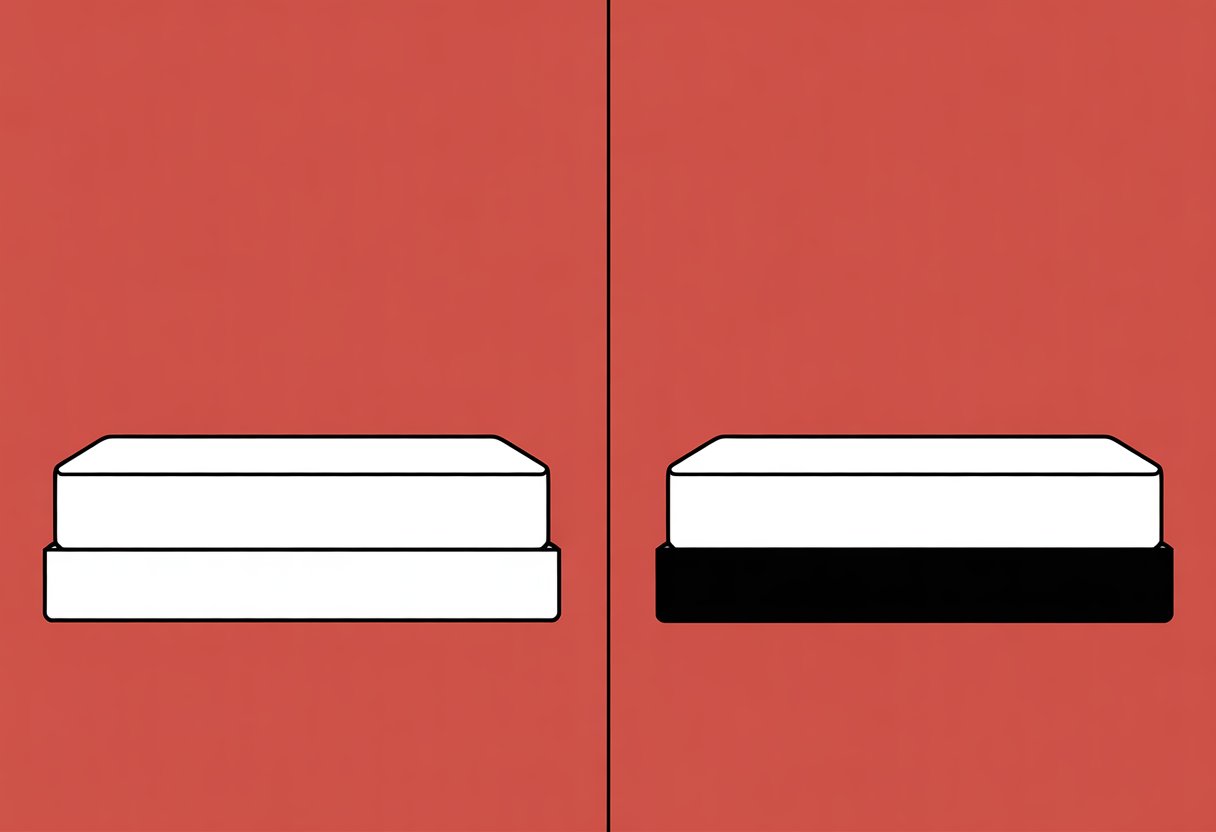 A split image showing two mattresses side by side, one representing an all-latex mattress and the other a hybrid latex mattress with two layers. A split image showing two mattresses side by side, one representing an all-latex mattress and the other a hybrid latex mattress with two layers.