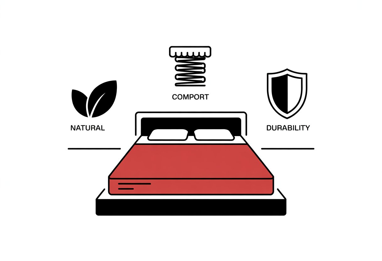A simple bedroom scene with a bed featuring a red mattress and three icons around it representing natural materials, comfort, and durability. A simple bedroom scene with a bed featuring a red mattress and three icons around it representing natural materials, comfort, and durability.