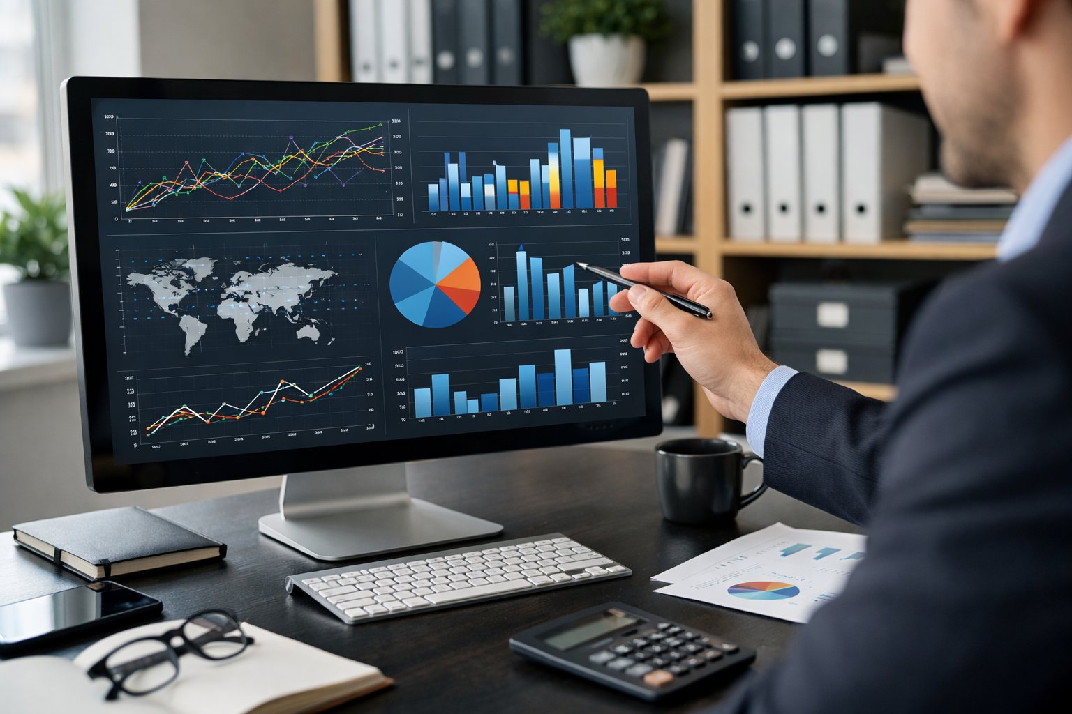 Une personne en tenue professionnelle montre des graphiques et des données économiques sur un écran d’ordinateur dans un bureau moderne.