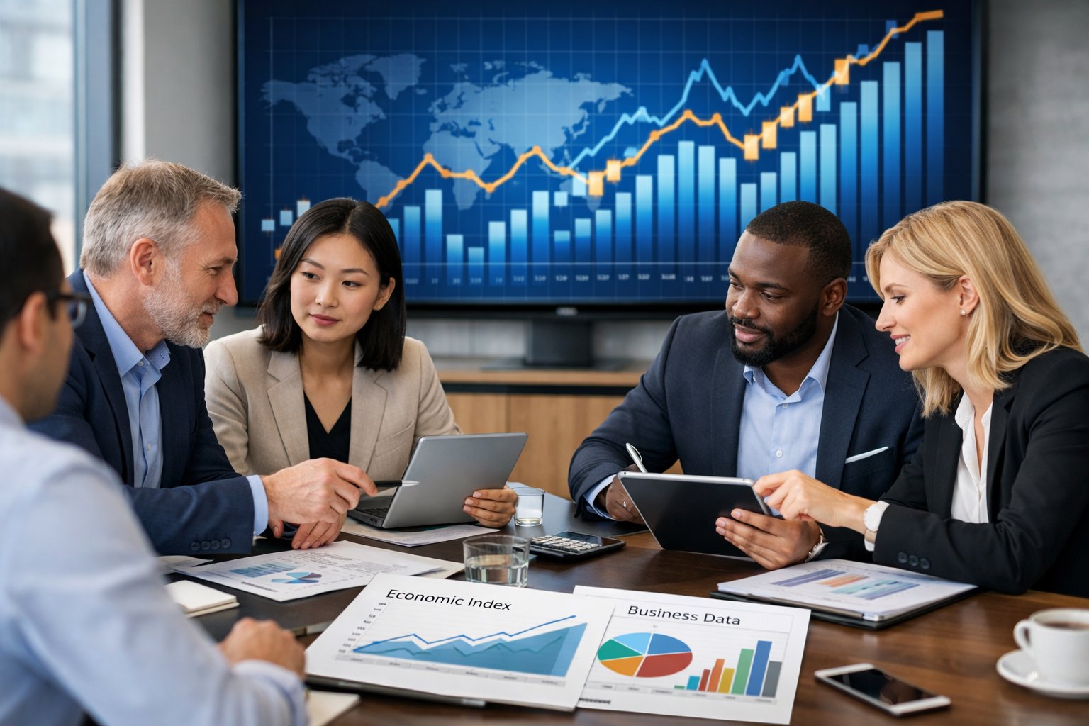 Des professionnels en réunion autour d'une table avec des graphiques et des appareils électroniques, discutant de données économiques.
