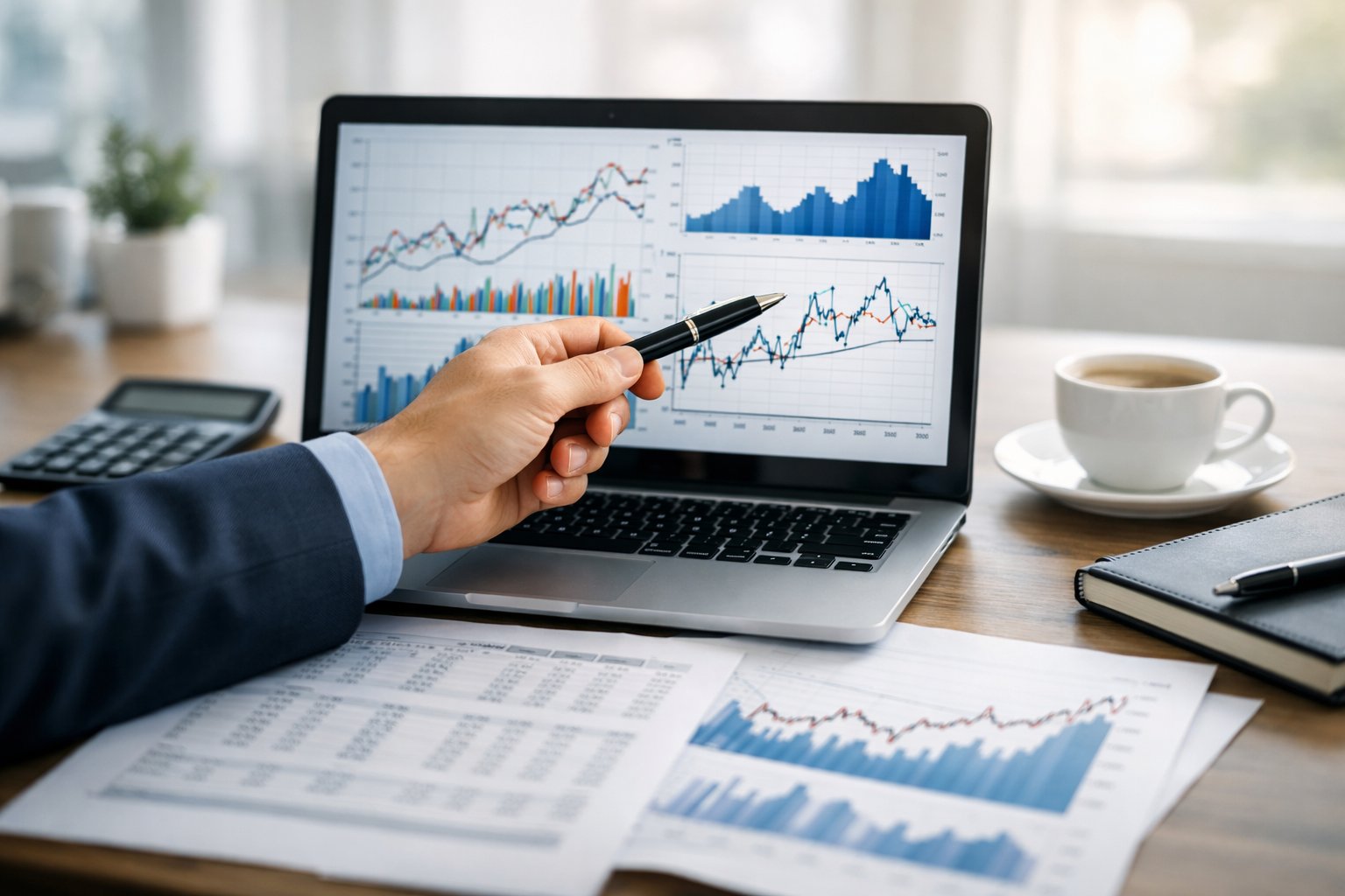 Une personne en tenue professionnelle analyse des graphiques financiers sur un ordinateur dans un bureau lumineux et organisé.