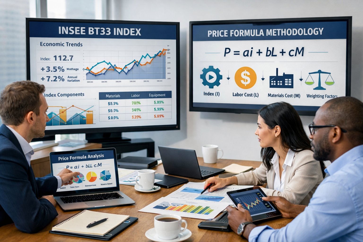 Des professionnels en réunion autour d'une table avec des ordinateurs et des graphiques financiers affichés sur des écrans dans un bureau moderne.
