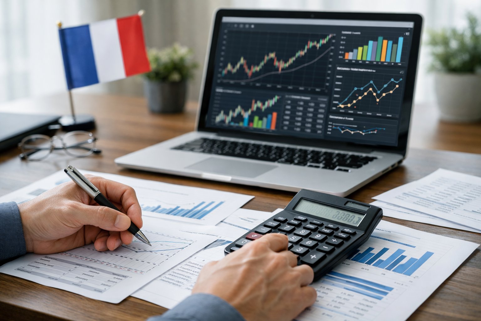 Une personne effectue des calculs financiers sur un bureau avec un ordinateur portable, des documents et une calculatrice, dans un environnement de bureau professionnel.