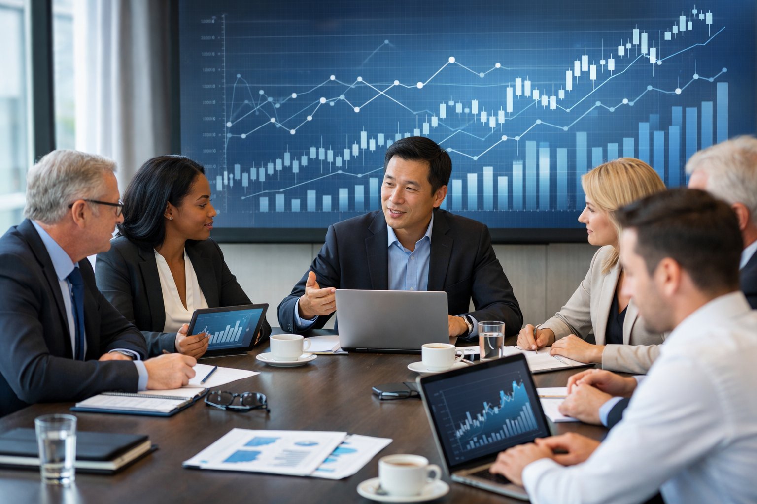 Des professionnels en réunion autour d'une table de conférence avec des graphiques économiques sur un écran en arrière-plan.