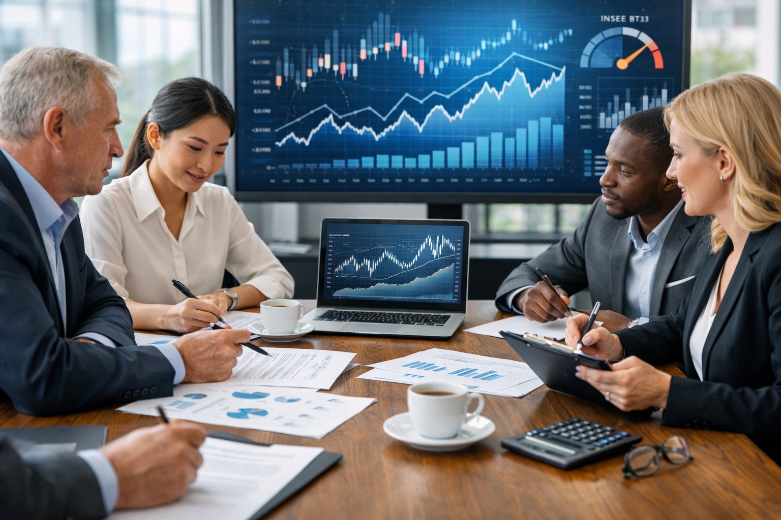 Des professionnels en réunion autour d'une table de bureau avec des documents et un ordinateur, travaillant ensemble sur des analyses financières.