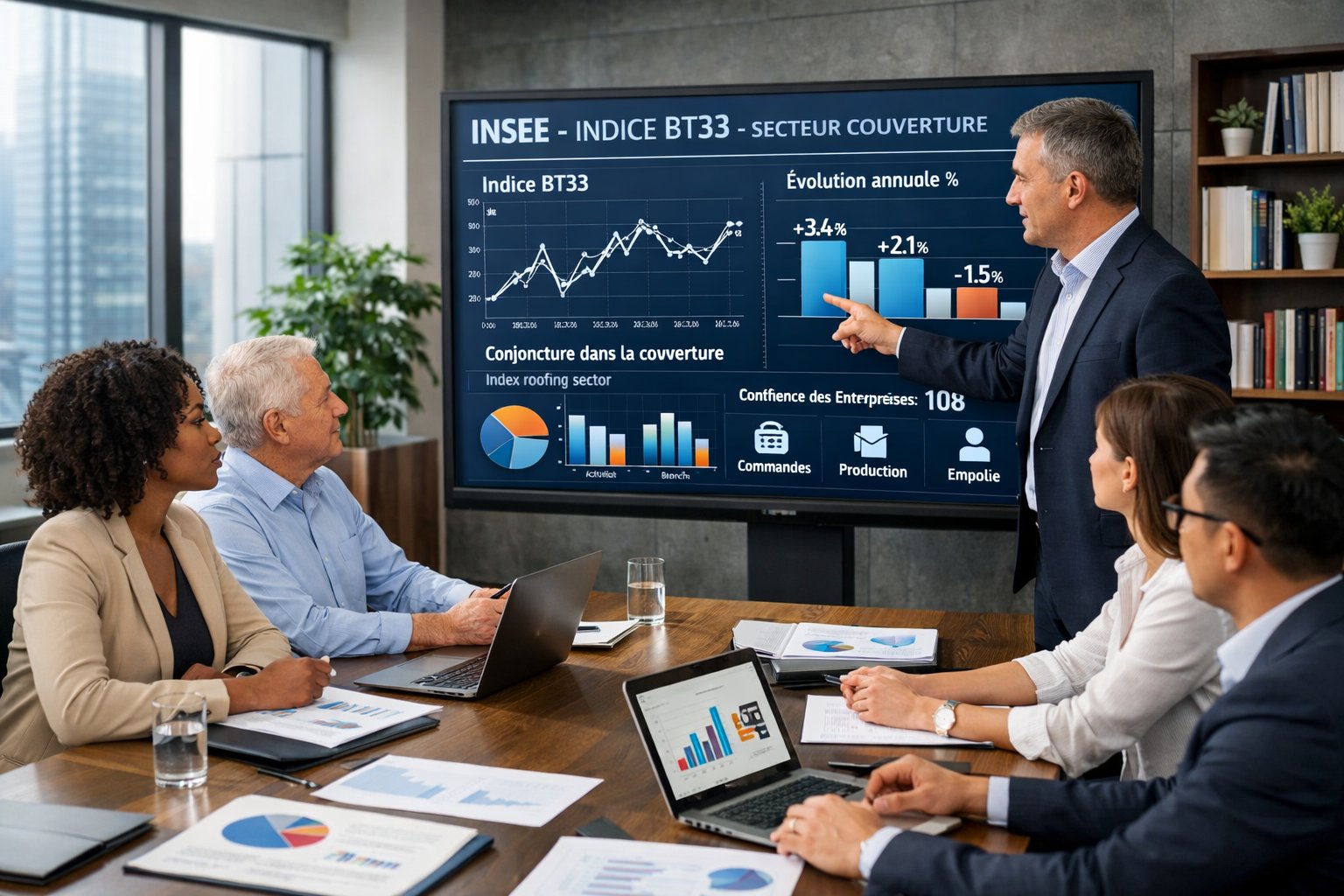 Des professionnels en réunion autour d'une table de conférence avec des documents et un écran affichant des données économiques.