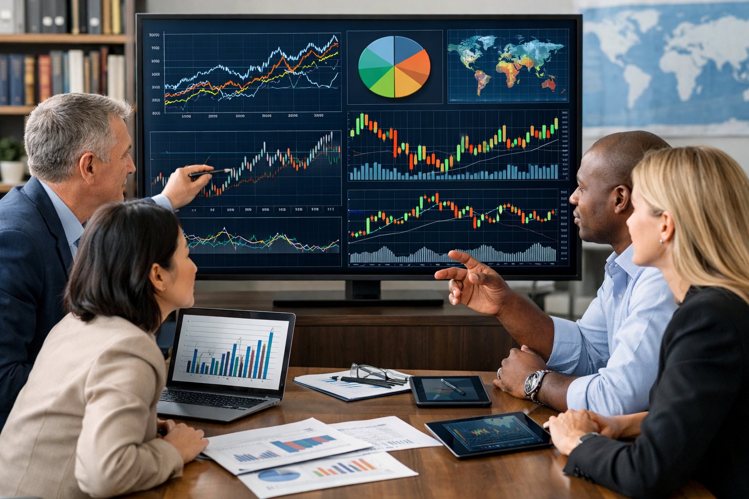 Des professionnels en réunion autour d'un écran affichant des graphiques économiques dans un bureau moderne.
