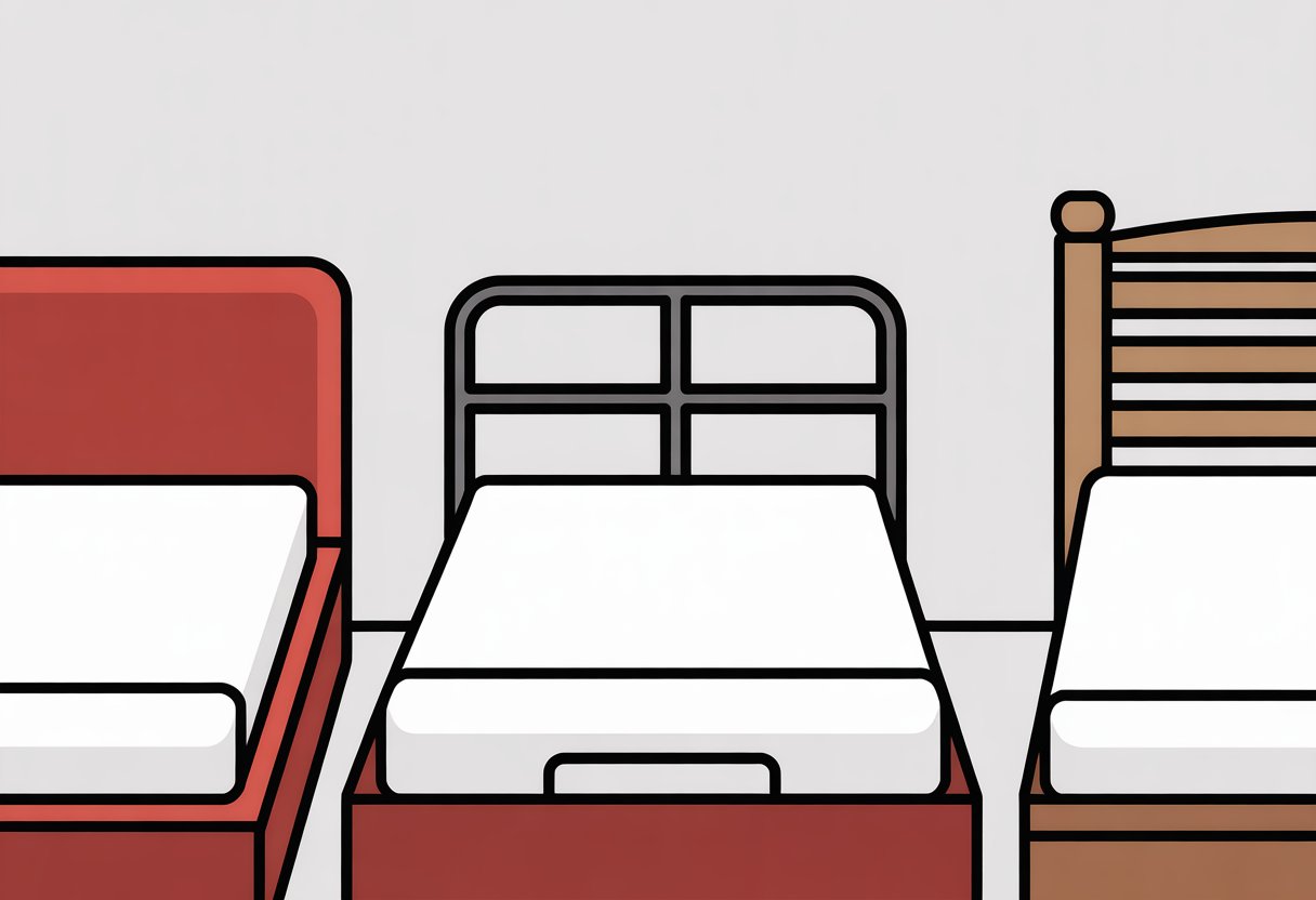 Three different types of bed frames with mattresses displayed side by side. Three different types of bed frames with mattresses displayed side by side.
