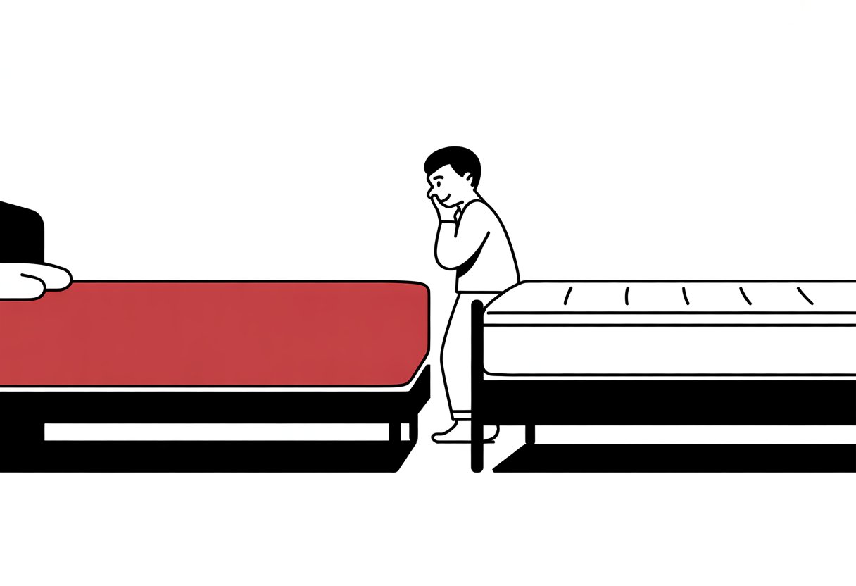 A person standing between two mattresses on bedframes, comparing them in a simple bedroom setting. A person standing between two mattresses on bedframes, comparing them in a simple bedroom setting.