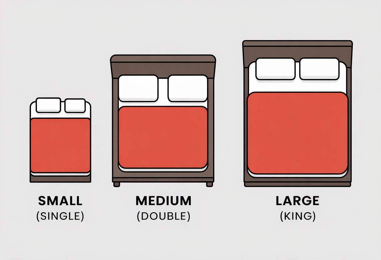 Three bed frames with mattresses of different sizes arranged side by side, showing small, medium, and large beds in a simple, clear layout. Three bed frames with mattresses of different sizes arranged side by side, showing small, medium, and large beds in a simple, clear layout.