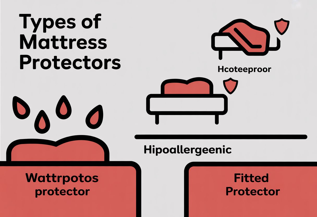 Three simple icons representing different mattress protectors: one with water droplets, one with a shield, and one with elastic corners, arranged side by side. Three simple icons representing different mattress protectors: one with water droplets, one with a shield, and one with elastic corners, arranged side by side.