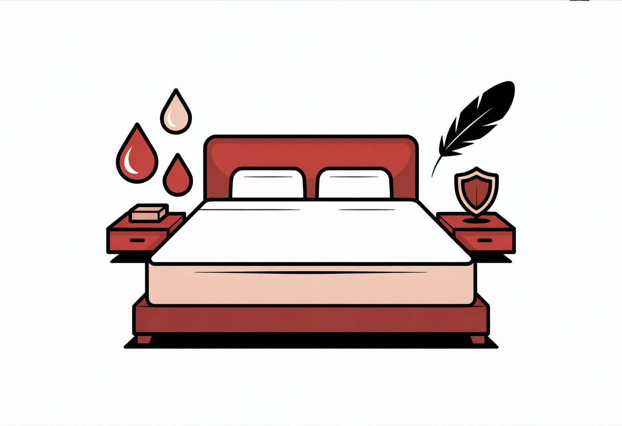 A simple bedroom scene with a bed showing a mattress protector and three icons representing water resistance, protection, and softness arranged nearby. A simple bedroom scene with a bed showing a mattress protector and three icons representing water resistance, protection, and softness arranged nearby.