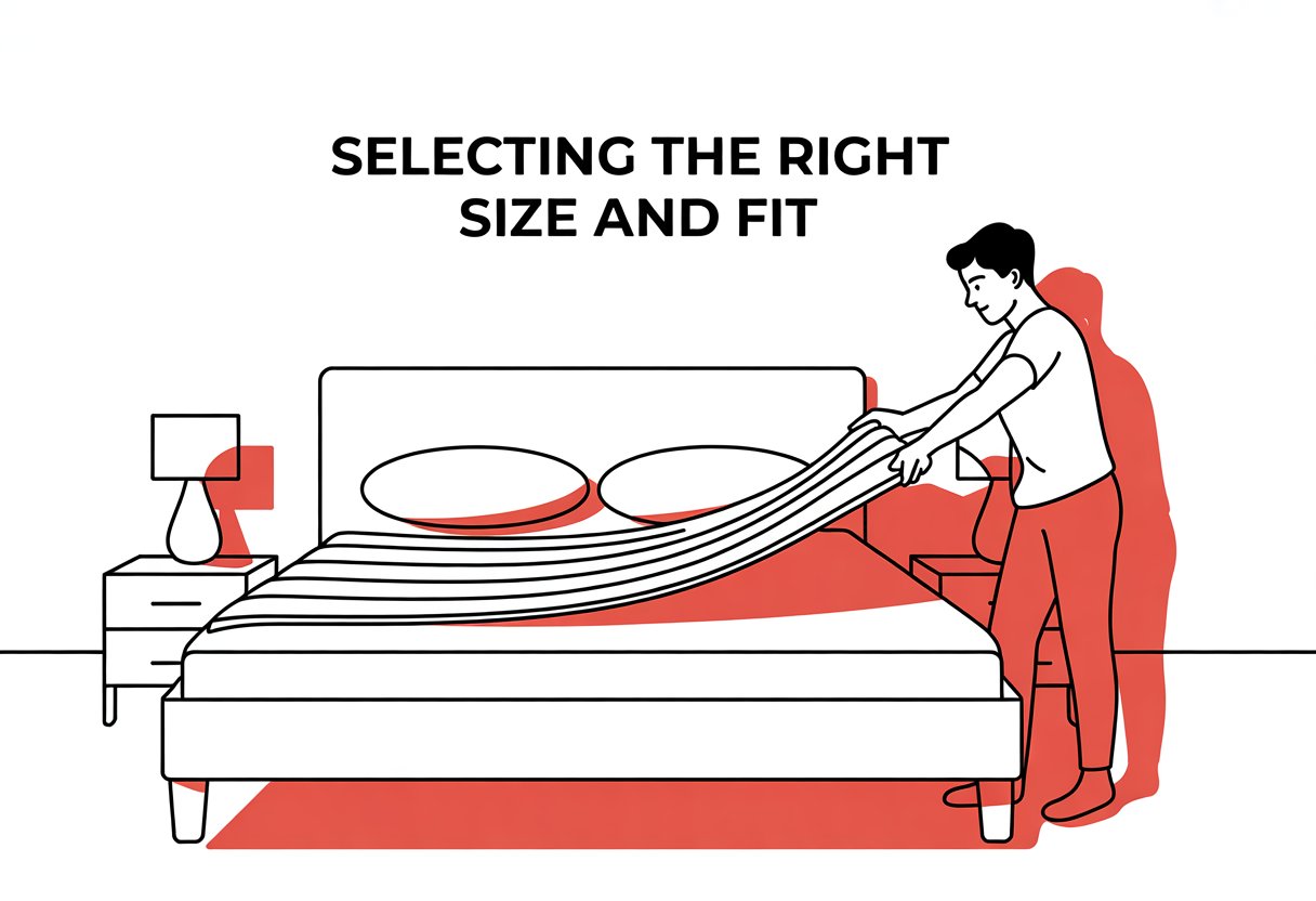 A person standing beside a bed holding a mattress protector, examining its size in a simple bedroom setting. A person standing beside a bed holding a mattress protector, examining its size in a simple bedroom setting.