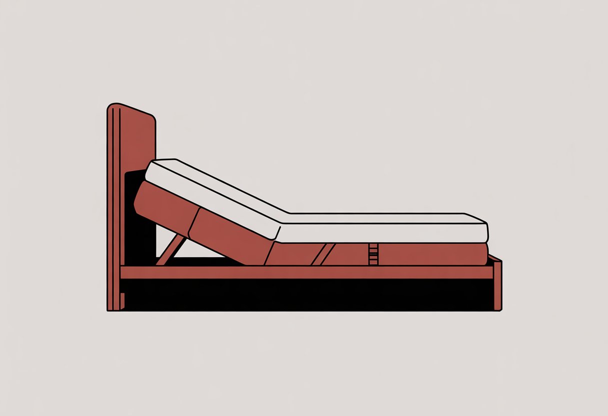 A side view of an adjustable bed base showing its head, back, and leg sections raised in different positions. A side view of an adjustable bed base showing its head, back, and leg sections raised in different positions.