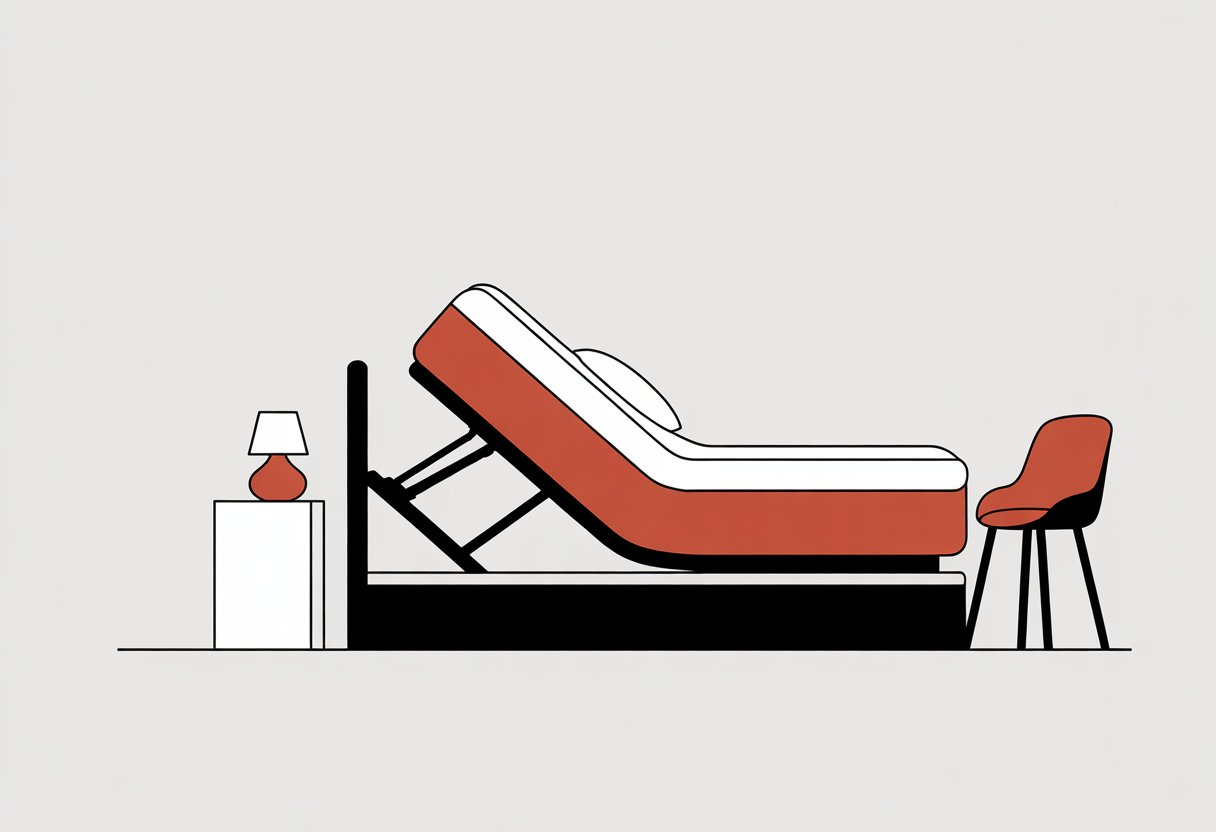 A simple illustration of an adjustable bed with the head and foot sections raised in a modern bedroom with a bedside table and lamp. A simple illustration of an adjustable bed with the head and foot sections raised in a modern bedroom with a bedside table and lamp.