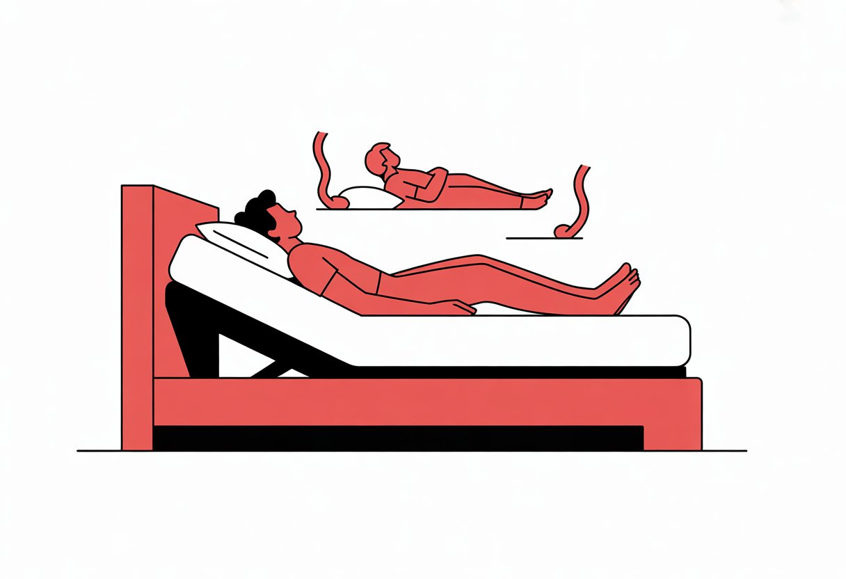 A person reclining comfortably on an adjustable bed in a simple bedroom setting. A person reclining comfortably on an adjustable bed in a simple bedroom setting.
