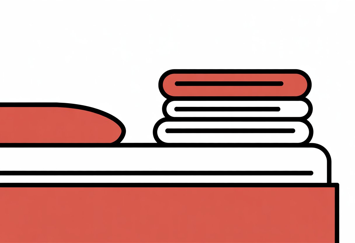 A simple illustration of a mattress with a neat stack of folded sheets on top.