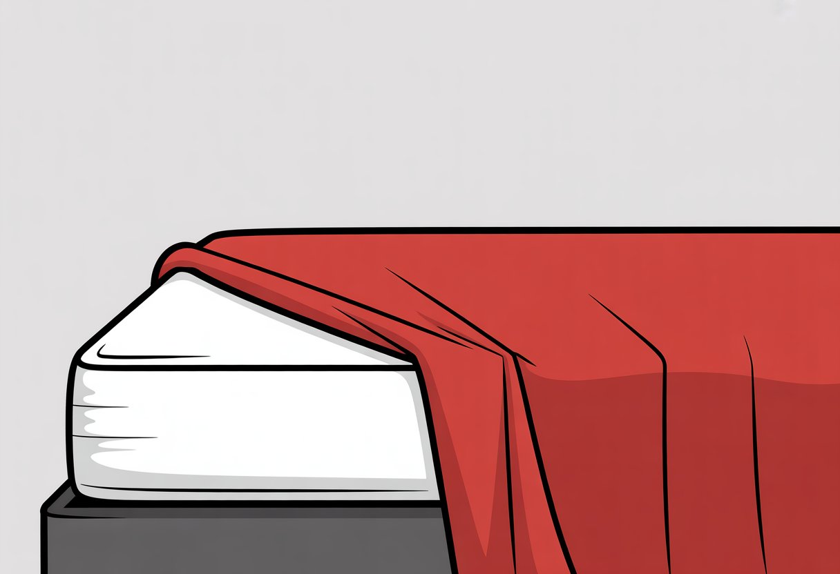 A simple illustration of a mattress with a fitted sheet being pulled over one corner.