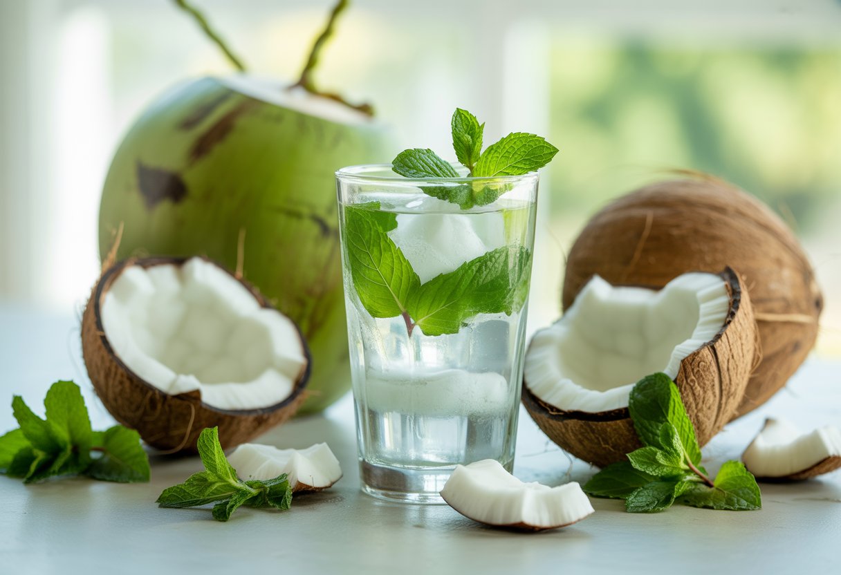 Copo de água de coco com folhas de hortelã frescas, cercado por cocos inteiros e folhas de hortelã sobre uma superfície clara.