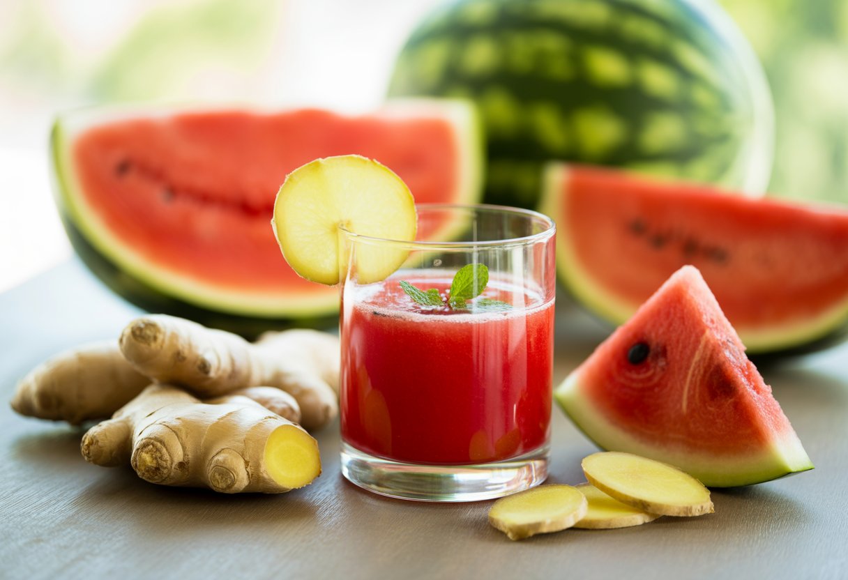 Copo de suco de melancia com fatias de gengibre e pedaços de melancia e gengibre ao redor sobre uma mesa de madeira.