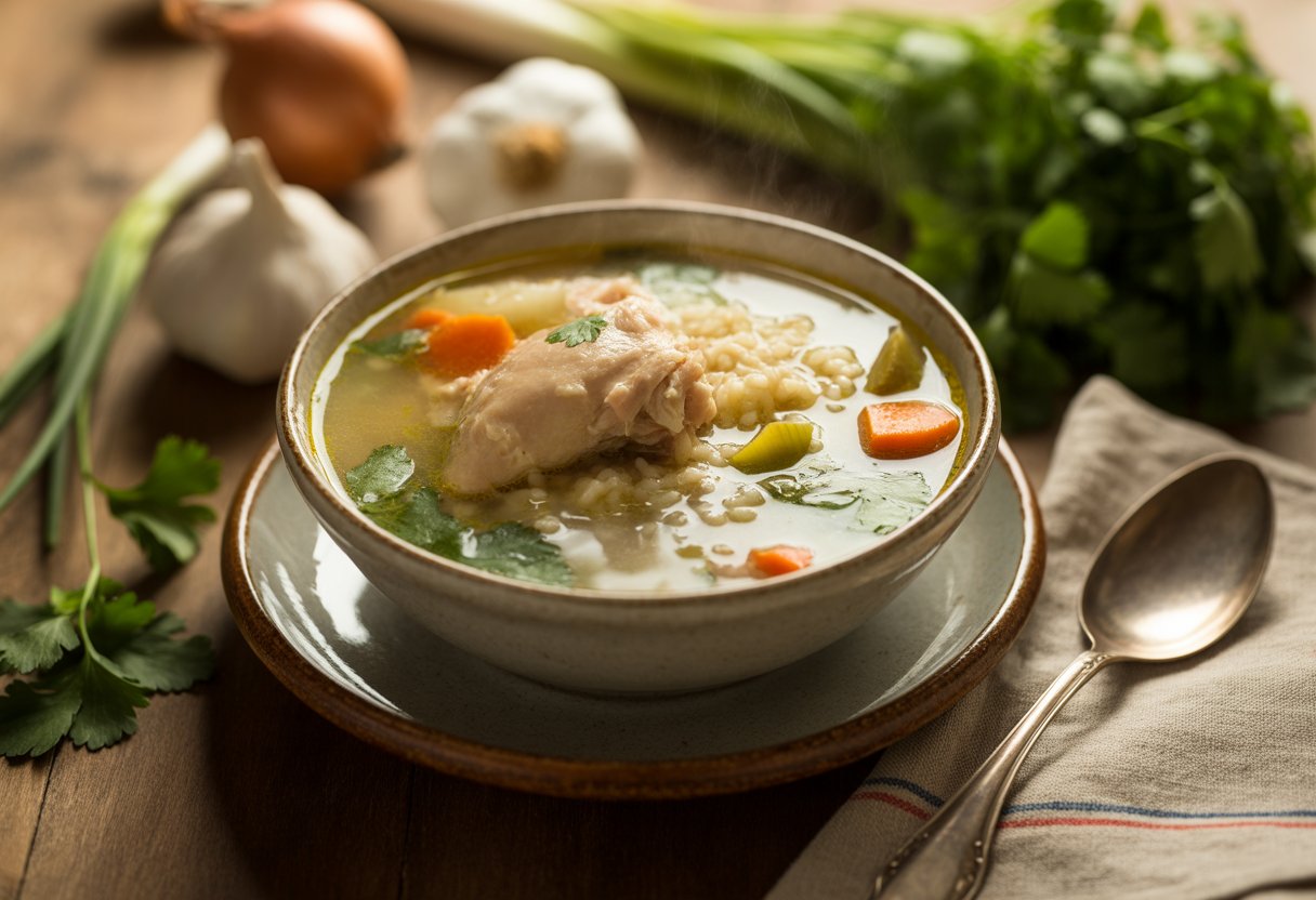 Sopa de canja de galinha em uma tigela rústica sobre uma mesa de madeira, com ingredientes frescos ao redor.