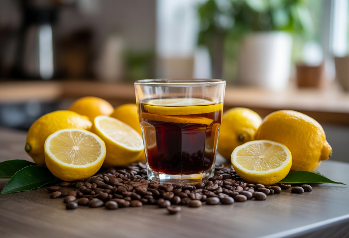 Copo de café com fatias de limão dentro, cercado por limões frescos e grãos de café sobre uma mesa de madeira.