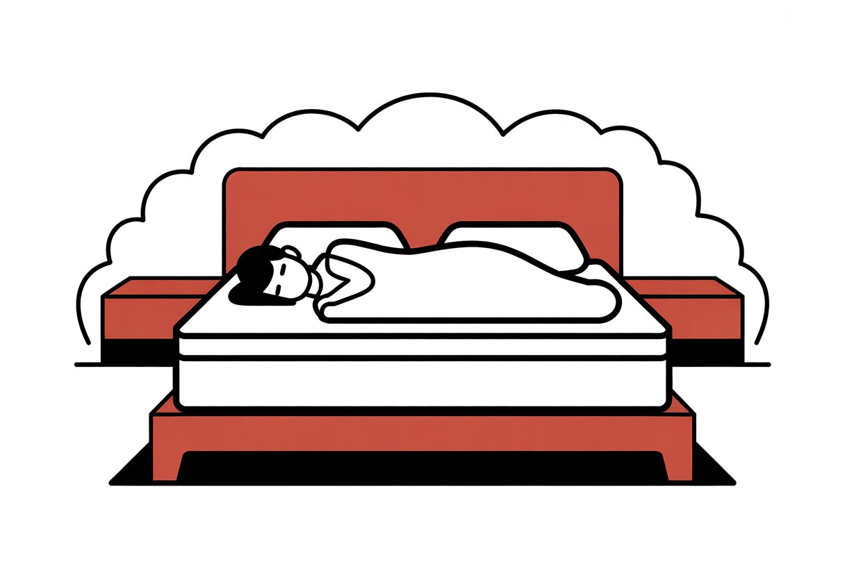 A simple bedroom scene showing a bed with a medium mattress and a relaxed person lying on it. A simple bedroom scene showing a bed with a medium mattress and a relaxed person lying on it.