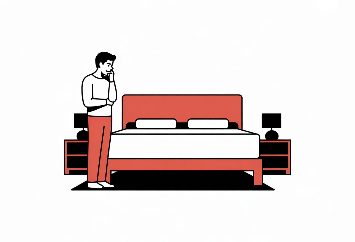 A person standing next to a mattress in a bedroom, looking thoughtfully at it. A person standing next to a mattress in a bedroom, looking thoughtfully at it.