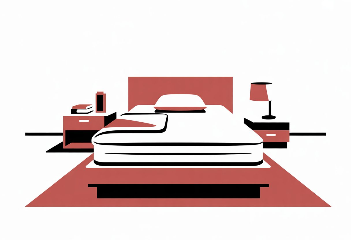 A simple bedroom scene showing a neatly made mattress on a low bed with a pillow and blanket, next to a small bedside table with a lamp.