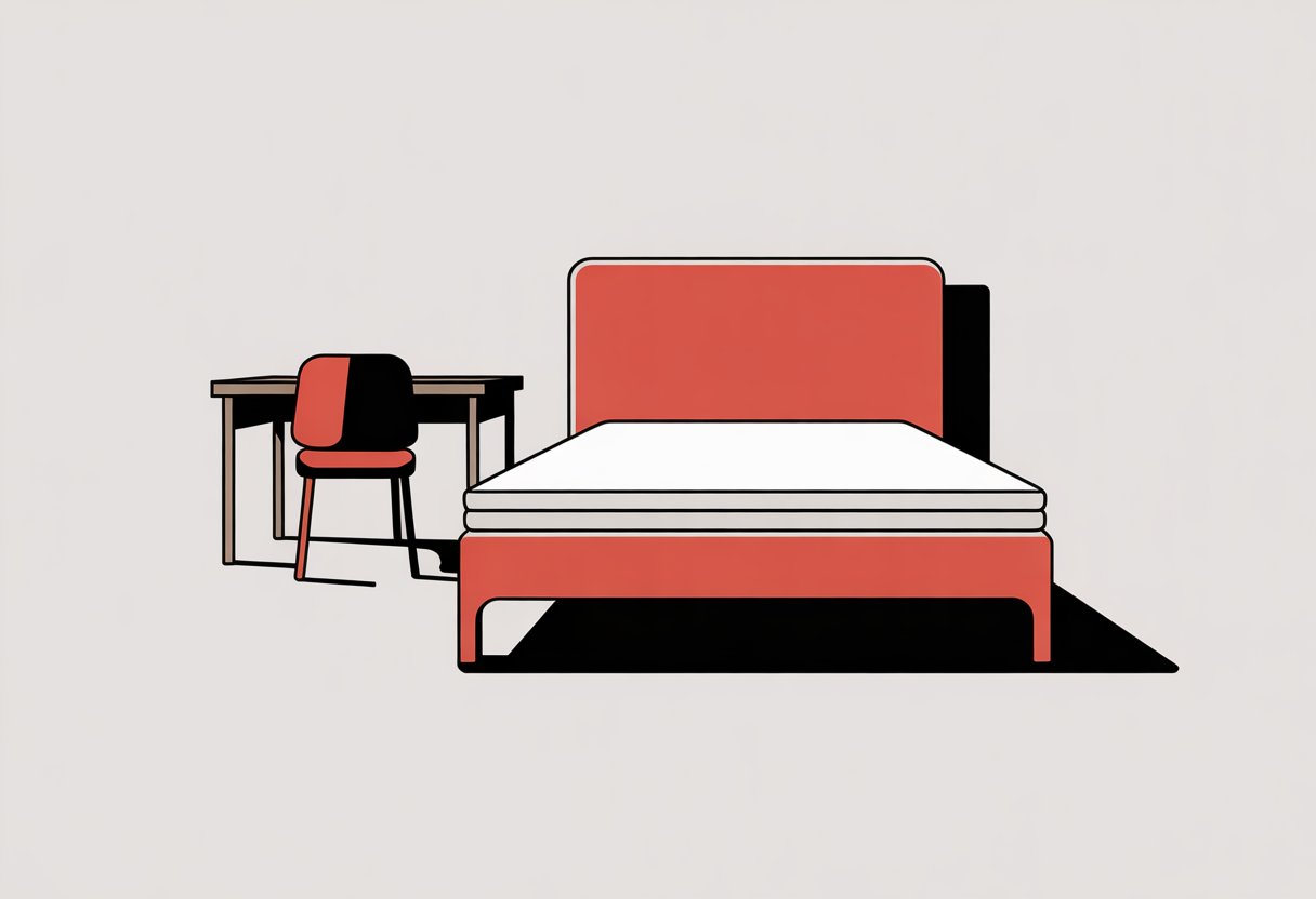 A simple bedroom corner with a student mattress on a bed frame next to a desk and chair.