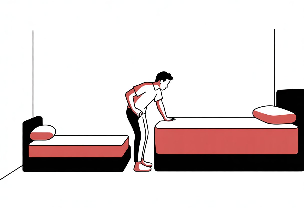 A student in a bedroom comparing two mattresses of different sizes, touching one to feel the firmness.