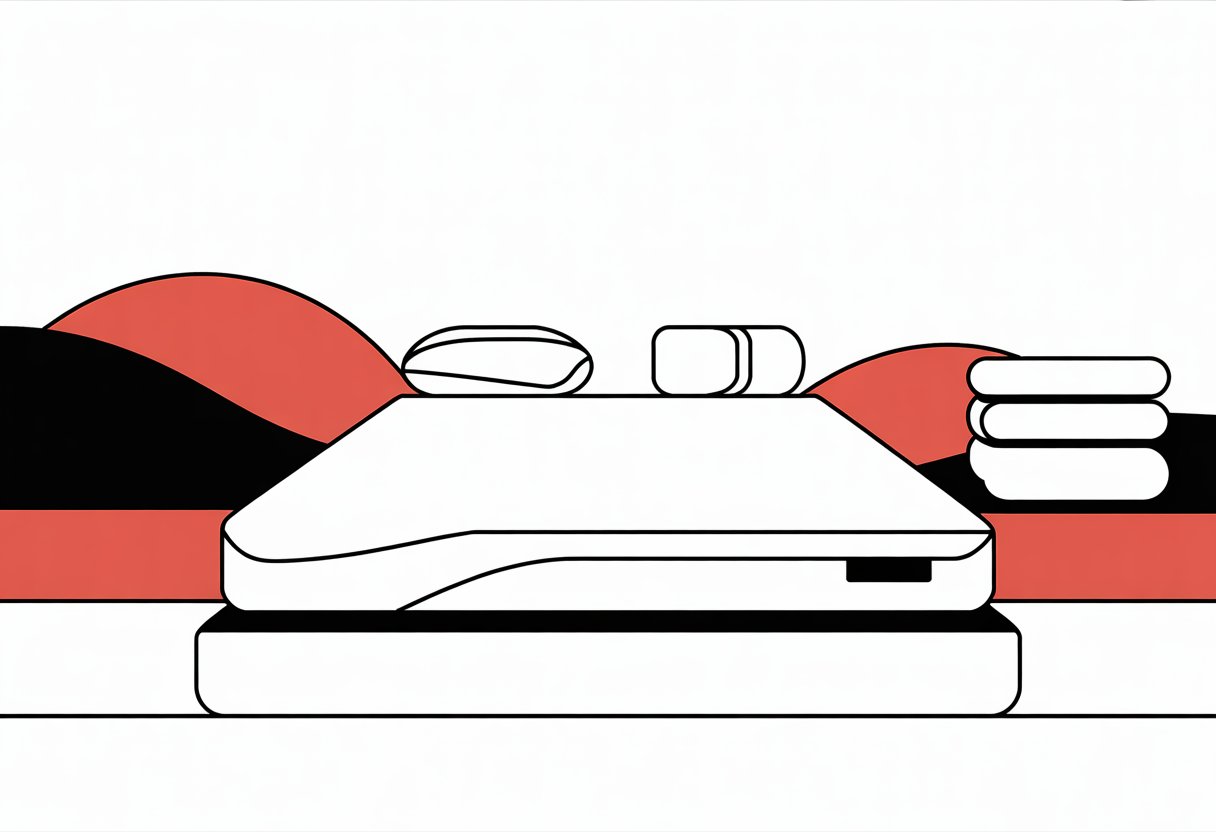A simplified illustration of a mattress with abstract shapes around it representing comfort and technology. A simplified illustration of a mattress with abstract shapes around it representing comfort and technology.