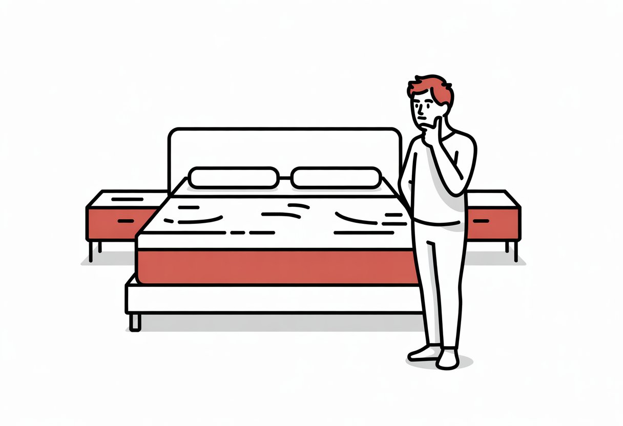 A person standing beside a bed, thoughtfully considering a mattress in a simple bedroom. A person standing beside a bed, thoughtfully considering a mattress in a simple bedroom.