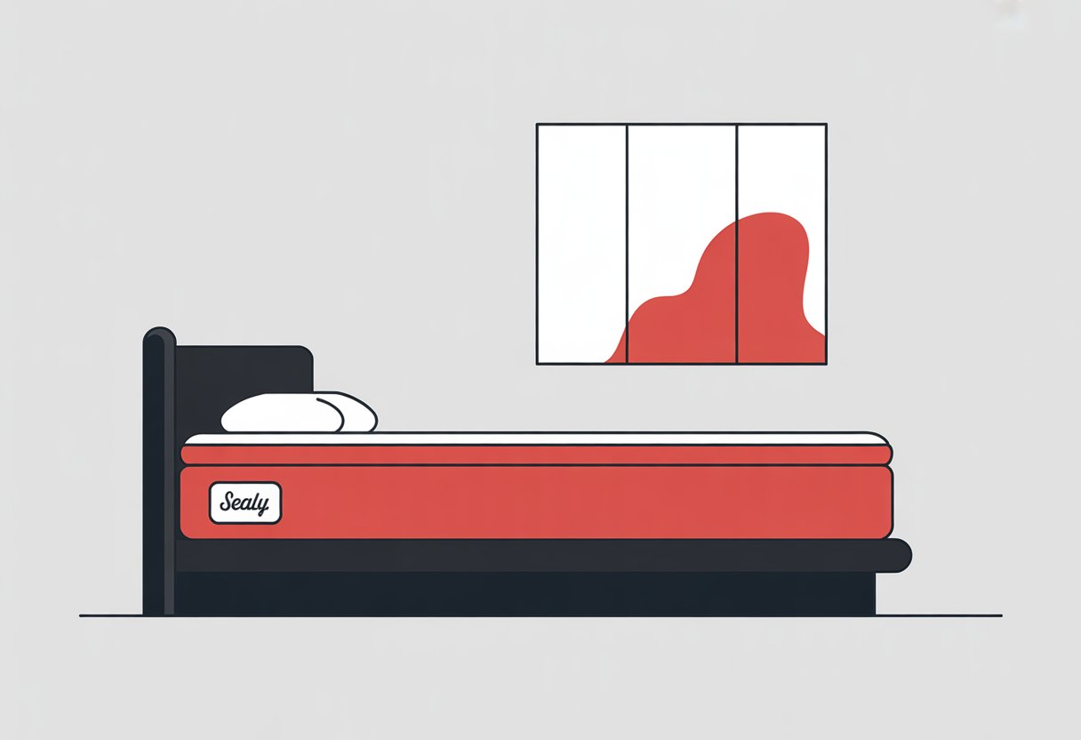 A simple bedroom scene showing a bed with a mattress on a frame, with a window or wall art in the background.