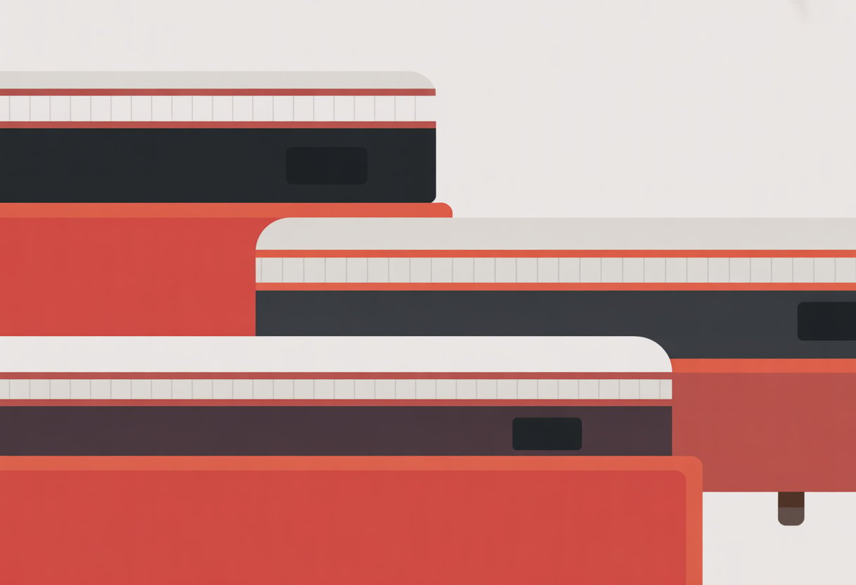 A clean illustration showing three different mattresses side by side, each with distinct shapes and colors in red, black, and white.