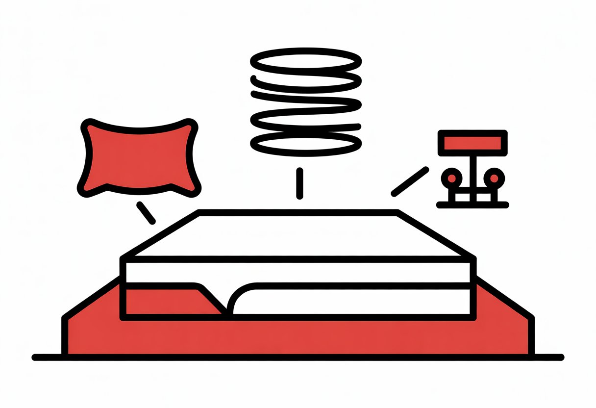 A simple illustration showing a mattress with icons representing comfort, support, and technology around it.
