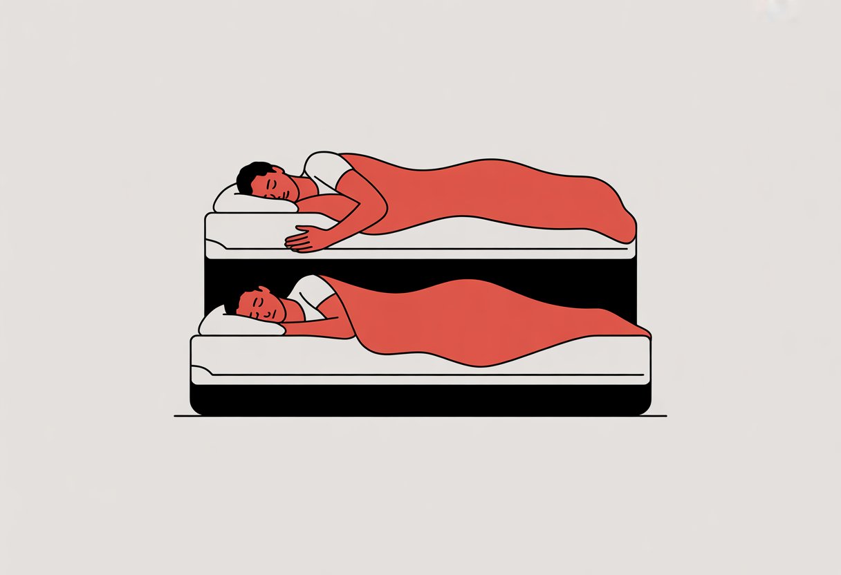 A comic panel showing a mattress with a person shifting between side and back sleeping positions. A comic panel showing a mattress with a person shifting between side and back sleeping positions.
