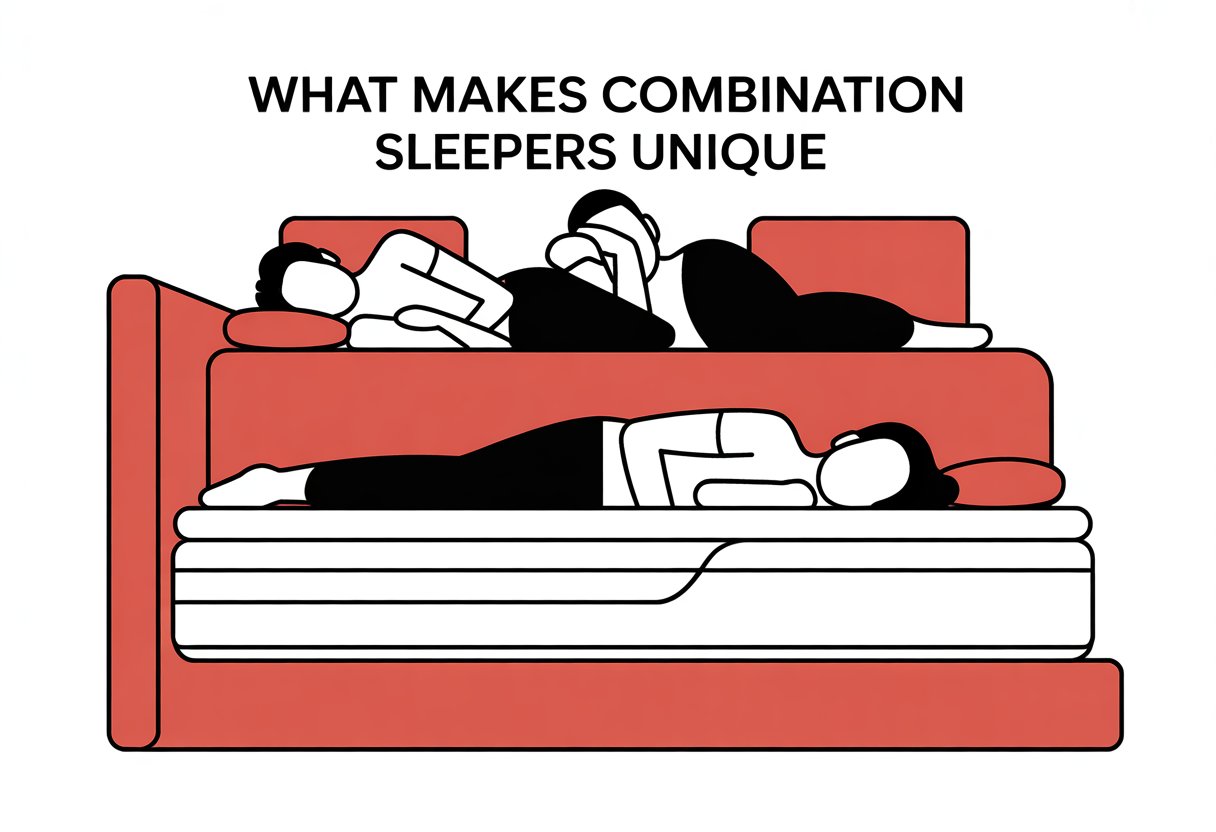 A comic panel showing a mattress with three simplified human figures sleeping in different positions: on their back, side, and stomach. A comic panel showing a mattress with three simplified human figures sleeping in different positions: on their back, side, and stomach.