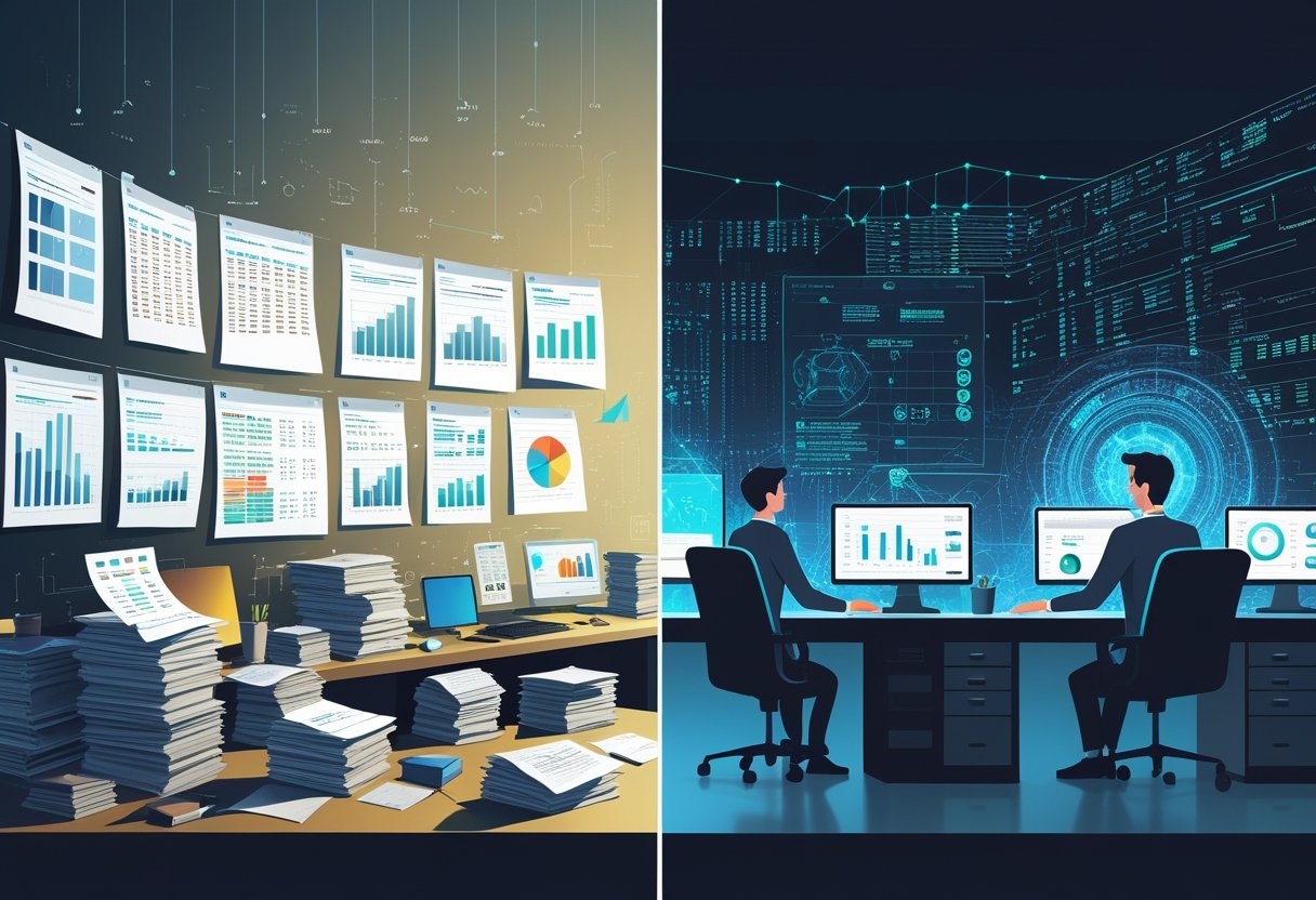 A split scene showing a frustrated analyst working with messy spreadsheets on one side and a confident analyst using advanced AI data visualizations on the other, illustrating the shift from traditional data analysis to AI-powered intelligence.