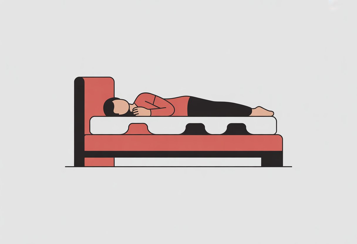 A simple illustration of a bed with a mattress showing a person lying in two different sleeping positions. A simple illustration of a bed with a mattress showing a person lying in two different sleeping positions.