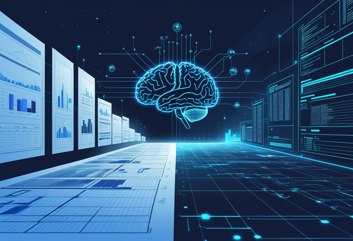 An illustration showing the transformation from traditional spreadsheets to advanced AI-driven data analysis with digital data streams and a central AI brain connecting both sides.