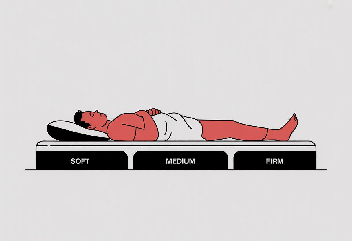 A person lying on a mattress divided into three firmness zones, shifting positions to show different sleeping preferences. A person lying on a mattress divided into three firmness zones, shifting positions to show different sleeping preferences.
