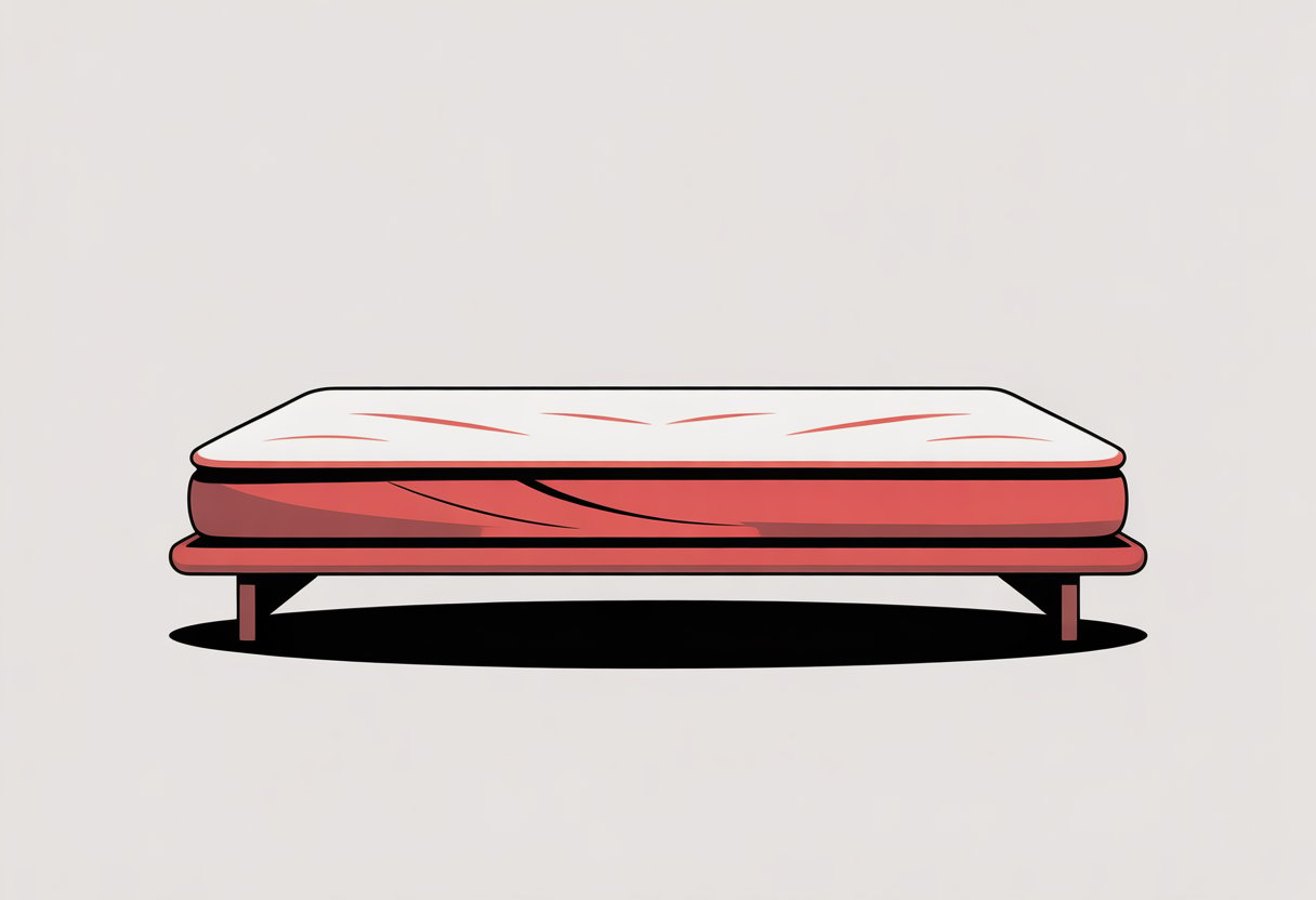 A simple comic panel showing a mattress on a bed frame with clean lines and bold colors. A simple comic panel showing a mattress on a bed frame with clean lines and bold colors.