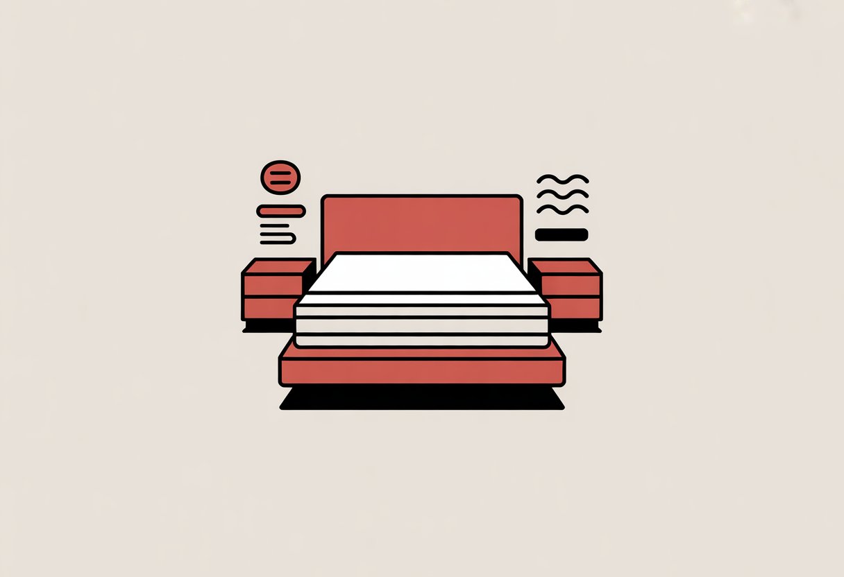 A bedroom scene with a bed and a mattress highlighted, showing simple shapes representing support and comfort features. A bedroom scene with a bed and a mattress highlighted, showing simple shapes representing support and comfort features.