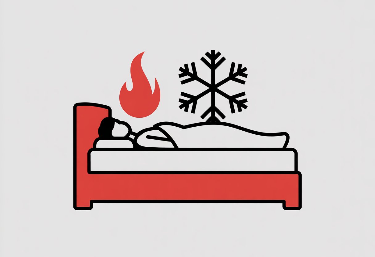 A simple bedroom scene showing a person sleeping on a mattress with icons of a flame and a snowflake above, symbolizing temperature regulation and sleep comfort. A simple bedroom scene showing a person sleeping on a mattress with icons of a flame and a snowflake above, symbolizing temperature regulation and sleep comfort.