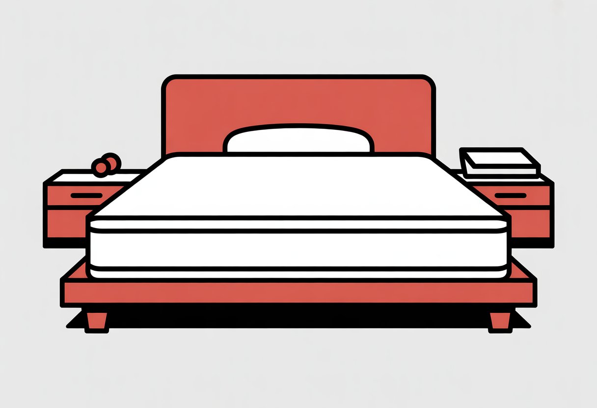 A simple side view of a thin mattress on a bed frame with a pillow. A simple side view of a thin mattress on a bed frame with a pillow.